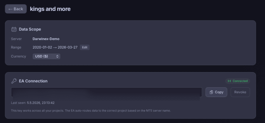 PortQuant Portfolio Engineering project setup — Data Scope card showing server (Darwinex-Demo), date range (2020-01-02 → 2026-03-27) and base currency (USD), plus the EA Connection panel with the per-user PE API key (redacted), Connected status, last-seen timestamp, and Copy / Revoke controls.